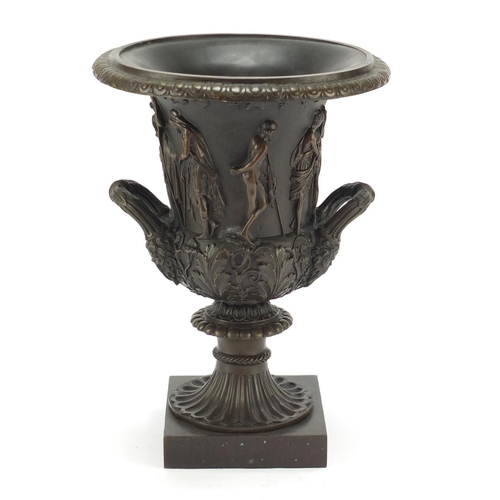 491 - Large patinated bronze classical campana urn with twin handles decorated in relief with classical fi... 