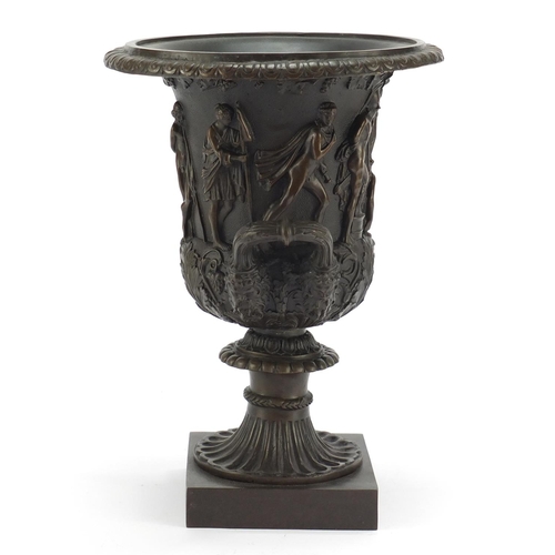 491 - Large patinated bronze classical campana urn with twin handles decorated in relief with classical fi... 