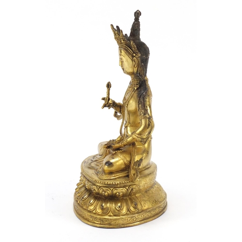 408 - Chino-Tibetan gilt bronze figure of Buddha, 32.5cm high