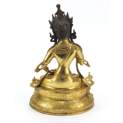 408 - Chino-Tibetan gilt bronze figure of Buddha, 32.5cm high