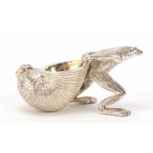 420 - Novelty silver plated salt with gilt interior in the form of a frog pulling a snail shell, 10cm in l... 