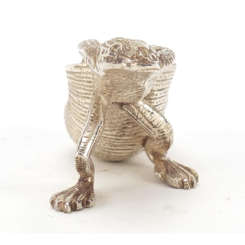 420 - Novelty silver plated salt with gilt interior in the form of a frog pulling a snail shell, 10cm in l... 