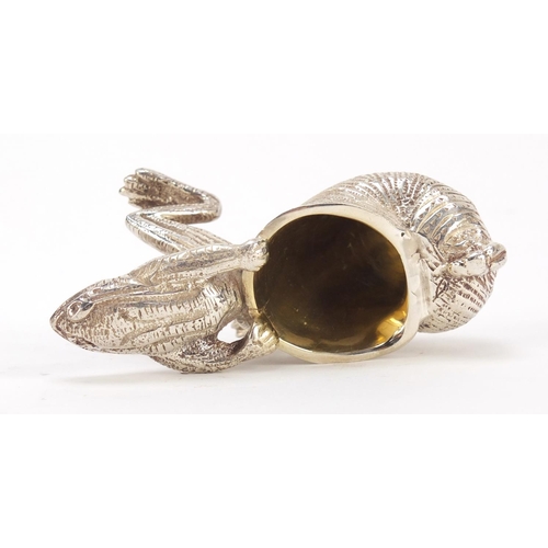 420 - Novelty silver plated salt with gilt interior in the form of a frog pulling a snail shell, 10cm in l... 