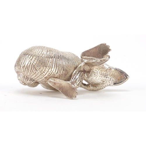 420 - Novelty silver plated salt with gilt interior in the form of a frog pulling a snail shell, 10cm in l... 