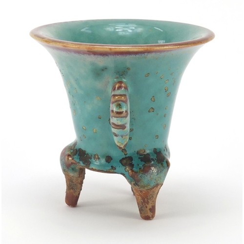 454 - Chinese turquoise glazed porcelain tripod incense burner with twin handles, 8.5cm high