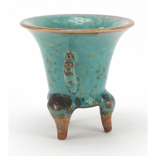 454 - Chinese turquoise glazed porcelain tripod incense burner with twin handles, 8.5cm high