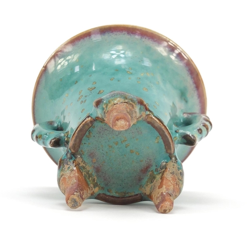 454 - Chinese turquoise glazed porcelain tripod incense burner with twin handles, 8.5cm high