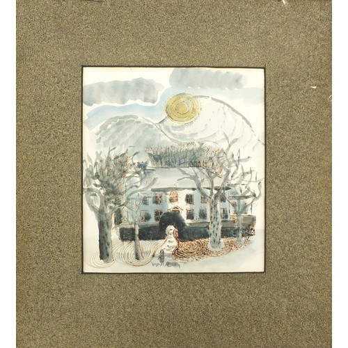 992 - Manner of John Piper - Female before a house, surreal watercolour, inscribed verso, mounted, 19cm x ... 