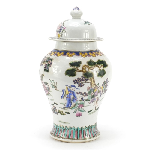 404 - Chinese porcelain baluster vase and cover hand painted in the famille rose palette with Daoist immor... 