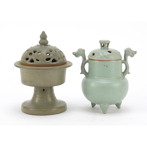 453 - Two Korean celadon pottery incense burners with covers, the largest 15cm high