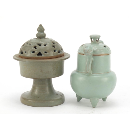 453 - Two Korean celadon pottery incense burners with covers, the largest 15cm high