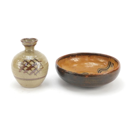 387 - David Leach studio pottery vase and dish together with a similar bowl, the largest 24cm wide