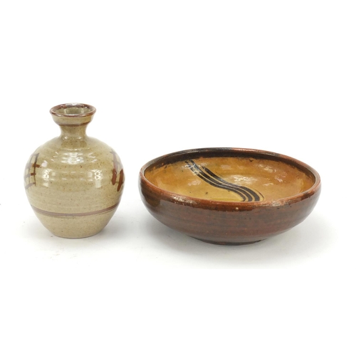 387 - David Leach studio pottery vase and dish together with a similar bowl, the largest 24cm wide