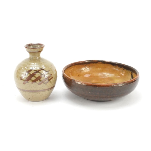 387 - David Leach studio pottery vase and dish together with a similar bowl, the largest 24cm wide