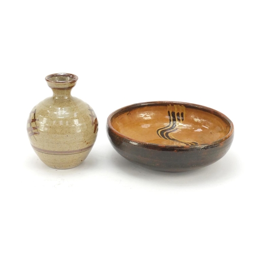 387 - David Leach studio pottery vase and dish together with a similar bowl, the largest 24cm wide