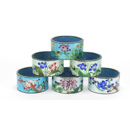 521 - Set of six Japanese cloisonné napkin rings with box, each enamelled with flowers, each 5cm in diamet... 