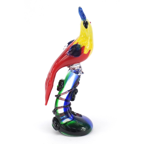 385 - Large Murano colourful glass parrot with paper label, 36cm high