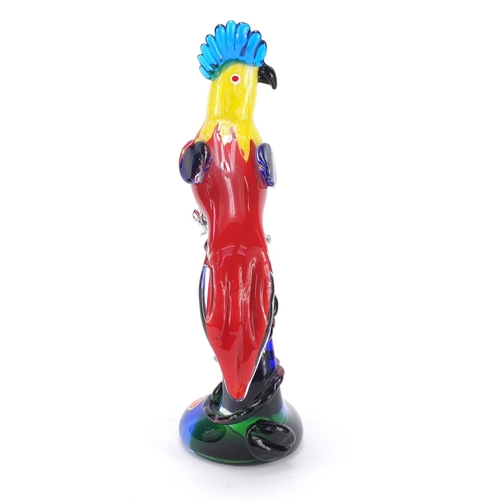 385 - Large Murano colourful glass parrot with paper label, 36cm high