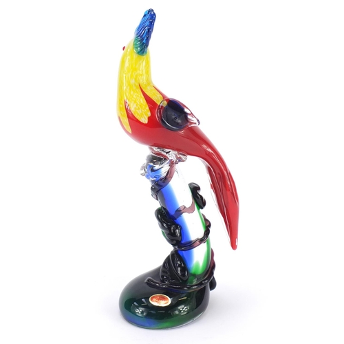 385 - Large Murano colourful glass parrot with paper label, 36cm high