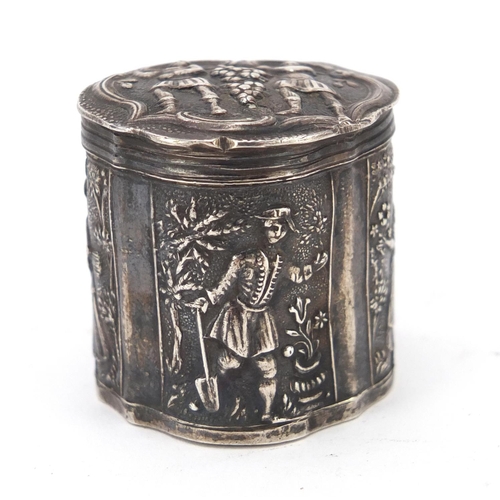 21 - Antique Dutch silver peppermint box embossed with figures, 3.2cm high, 16.4g