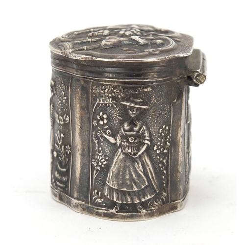 21 - Antique Dutch silver peppermint box embossed with figures, 3.2cm high, 16.4g