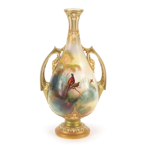 87 - Large Royal Worcester porcelain vase with twin handles hand painted with pheasants by Albert Shuck, ... 