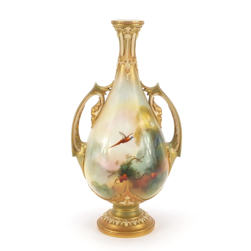 87 - Large Royal Worcester porcelain vase with twin handles hand painted with pheasants by Albert Shuck, ... 