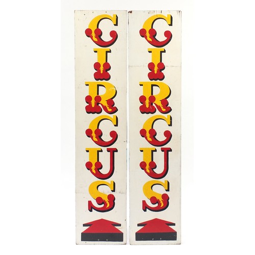 1134 - Two vintage circus advertising boards, 136.5cm x 30.5cm