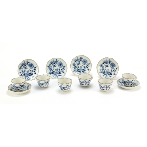 93 - Set of six Meissen fluted cups and saucers, each hand painted in the Blue Onion pattern, crossed swo... 