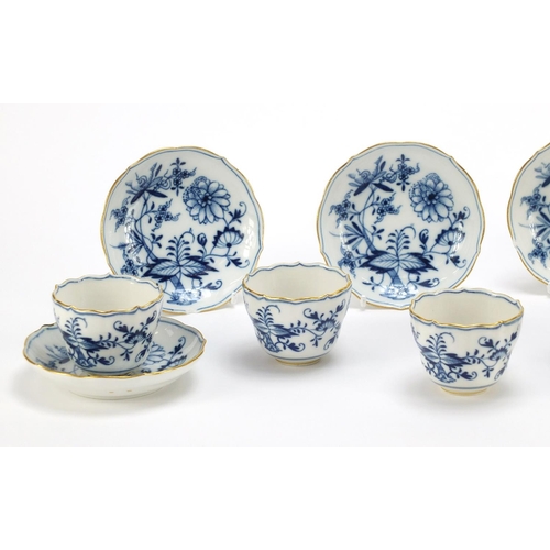 93 - Set of six Meissen fluted cups and saucers, each hand painted in the Blue Onion pattern, crossed swo... 