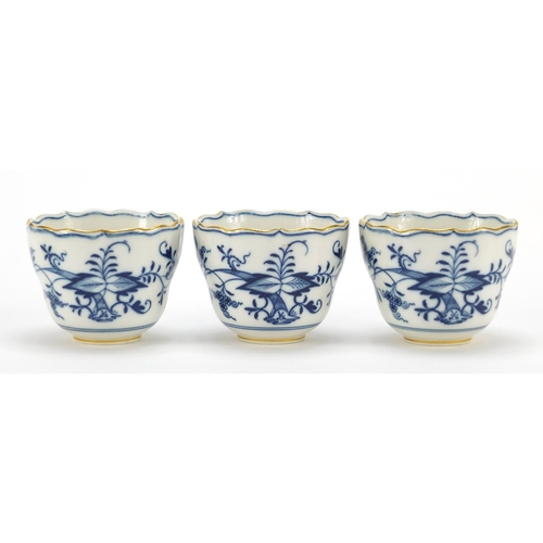 93 - Set of six Meissen fluted cups and saucers, each hand painted in the Blue Onion pattern, crossed swo... 