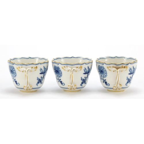 93 - Set of six Meissen fluted cups and saucers, each hand painted in the Blue Onion pattern, crossed swo... 