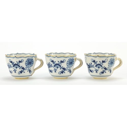 93 - Set of six Meissen fluted cups and saucers, each hand painted in the Blue Onion pattern, crossed swo... 