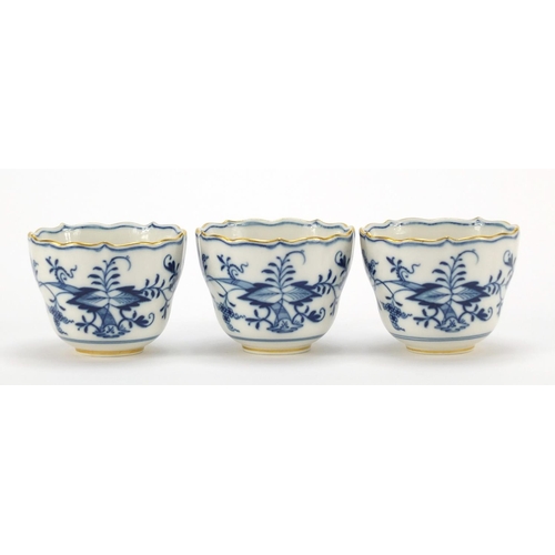 93 - Set of six Meissen fluted cups and saucers, each hand painted in the Blue Onion pattern, crossed swo... 