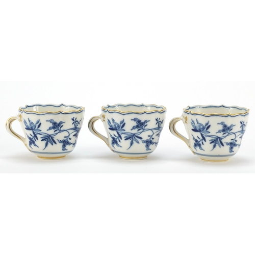 93 - Set of six Meissen fluted cups and saucers, each hand painted in the Blue Onion pattern, crossed swo... 