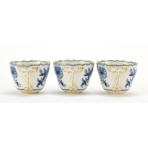 93 - Set of six Meissen fluted cups and saucers, each hand painted in the Blue Onion pattern, crossed swo... 