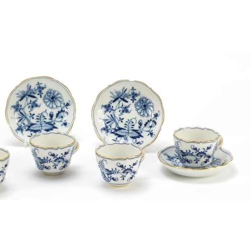 93 - Set of six Meissen fluted cups and saucers, each hand painted in the Blue Onion pattern, crossed swo... 