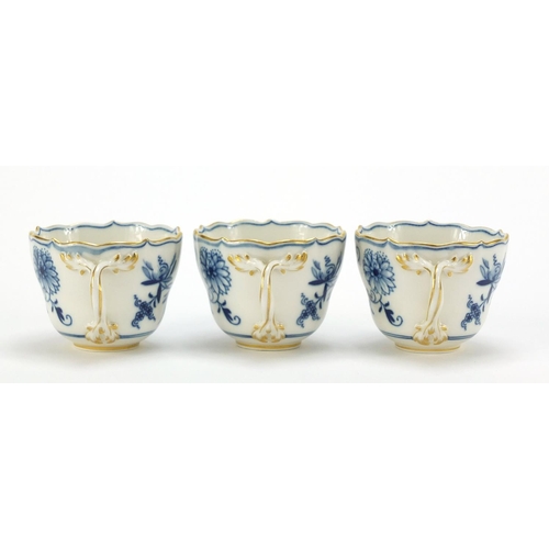 93 - Set of six Meissen fluted cups and saucers, each hand painted in the Blue Onion pattern, crossed swo... 