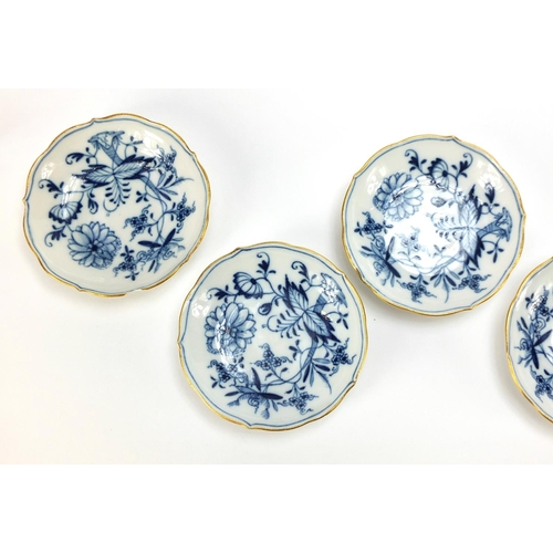 93 - Set of six Meissen fluted cups and saucers, each hand painted in the Blue Onion pattern, crossed swo... 