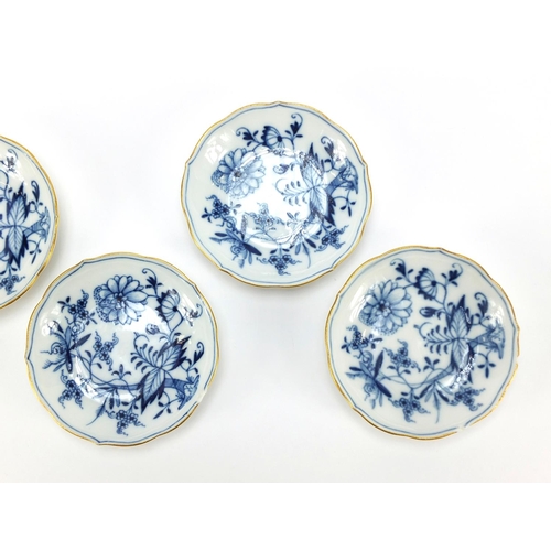 93 - Set of six Meissen fluted cups and saucers, each hand painted in the Blue Onion pattern, crossed swo... 