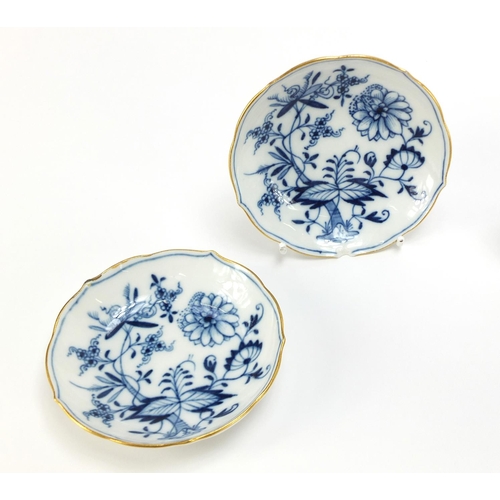 93 - Set of six Meissen fluted cups and saucers, each hand painted in the Blue Onion pattern, crossed swo... 