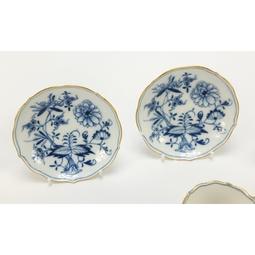 93 - Set of six Meissen fluted cups and saucers, each hand painted in the Blue Onion pattern, crossed swo... 