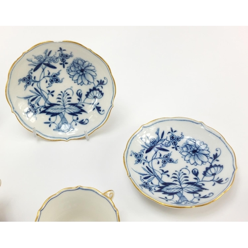 93 - Set of six Meissen fluted cups and saucers, each hand painted in the Blue Onion pattern, crossed swo... 