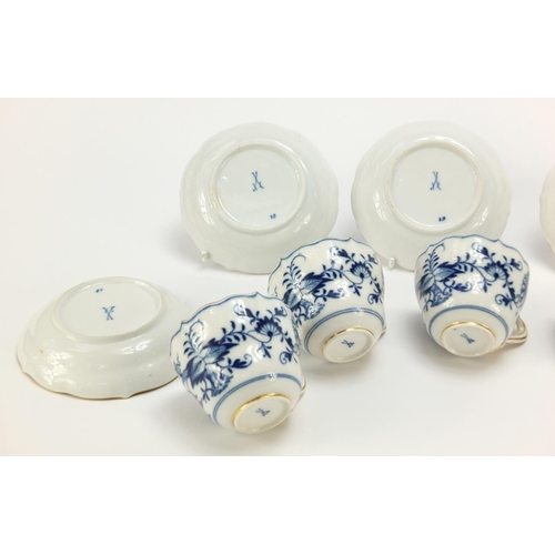 93 - Set of six Meissen fluted cups and saucers, each hand painted in the Blue Onion pattern, crossed swo... 