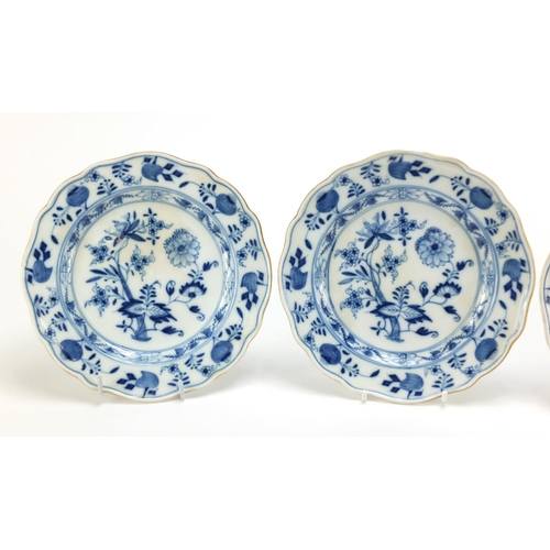 95 - Four Meissen side plates hand painted in the Blue Onion pattern, blue crossed sword marks to the bas... 