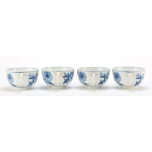 92 - Four Meissen cups and saucers hand painted in the blue onion pattern, crossed sword marks to the bas... 