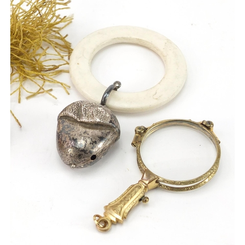 298 - Objects including a silver flanked folding pocket knife, silver thimbles, gilt metal lorgnettes, com... 