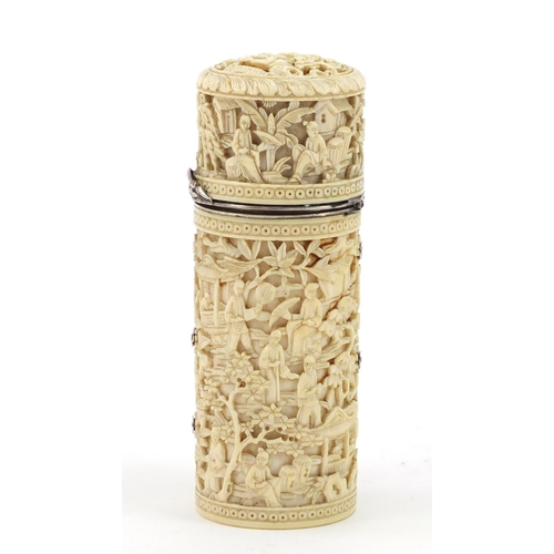 455 - Good Chinese Canton ivory cylindrical pot with hinged lid and silver mount, finely carved with figur... 