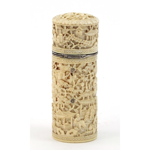 455 - Good Chinese Canton ivory cylindrical pot with hinged lid and silver mount, finely carved with figur... 