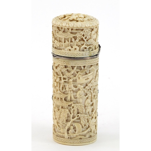 455 - Good Chinese Canton ivory cylindrical pot with hinged lid and silver mount, finely carved with figur... 